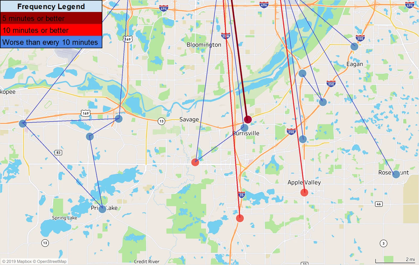 Our current express bus system in the south metro. Look at all of the redundant, overlapping lines with low frequency!